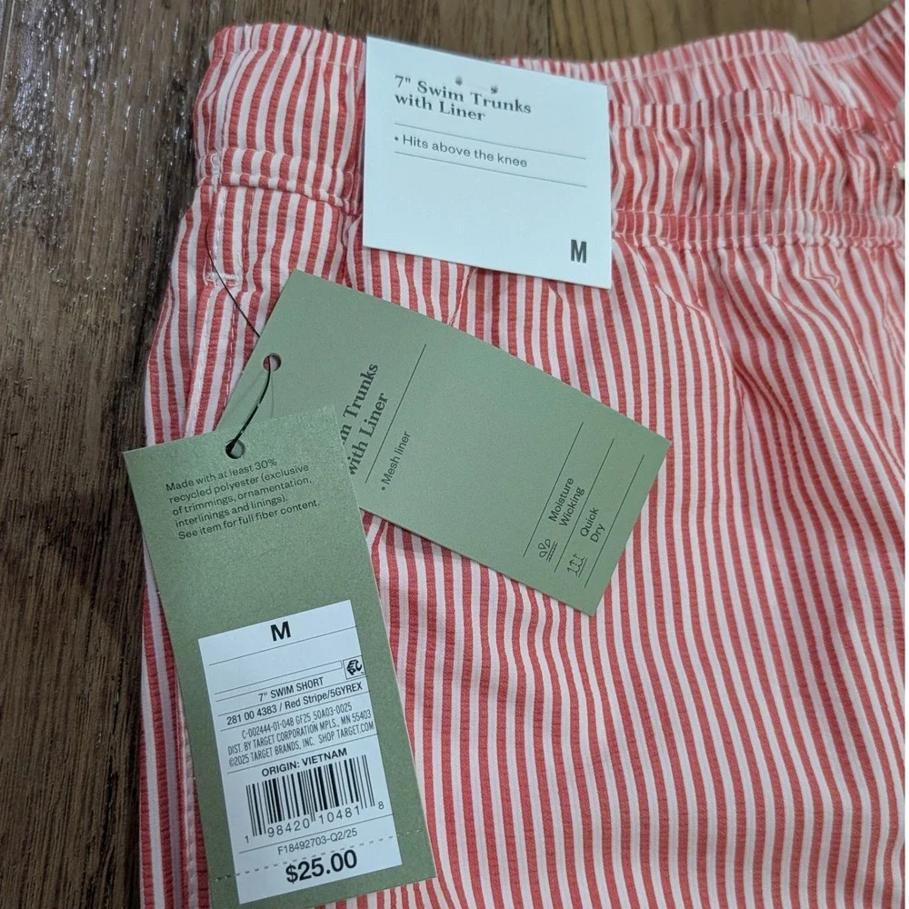 Goodfellow & Co Swim Trunks Mens M Red NWT Striped 7 Inch Inseam Mesh Liner